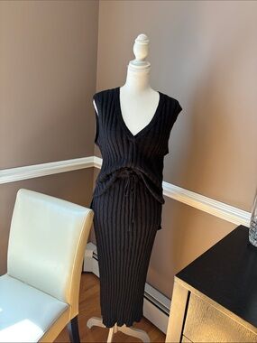 Free People Black Ribbed Knit Two-Piece Skirt Set
